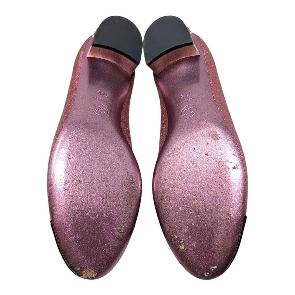 Chanel Ballet Block Heel Pumps Pink Glitter Grosgrain Cap Toe CC Logo 37.5 | 7 - Picture 12 of 13